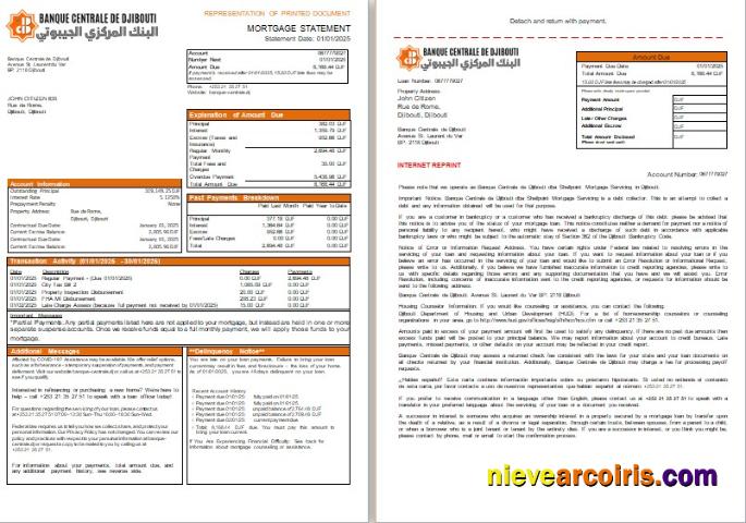 Djibouti Central Bank of Djibouti bank mortgage statement, 3 pages, 1-2